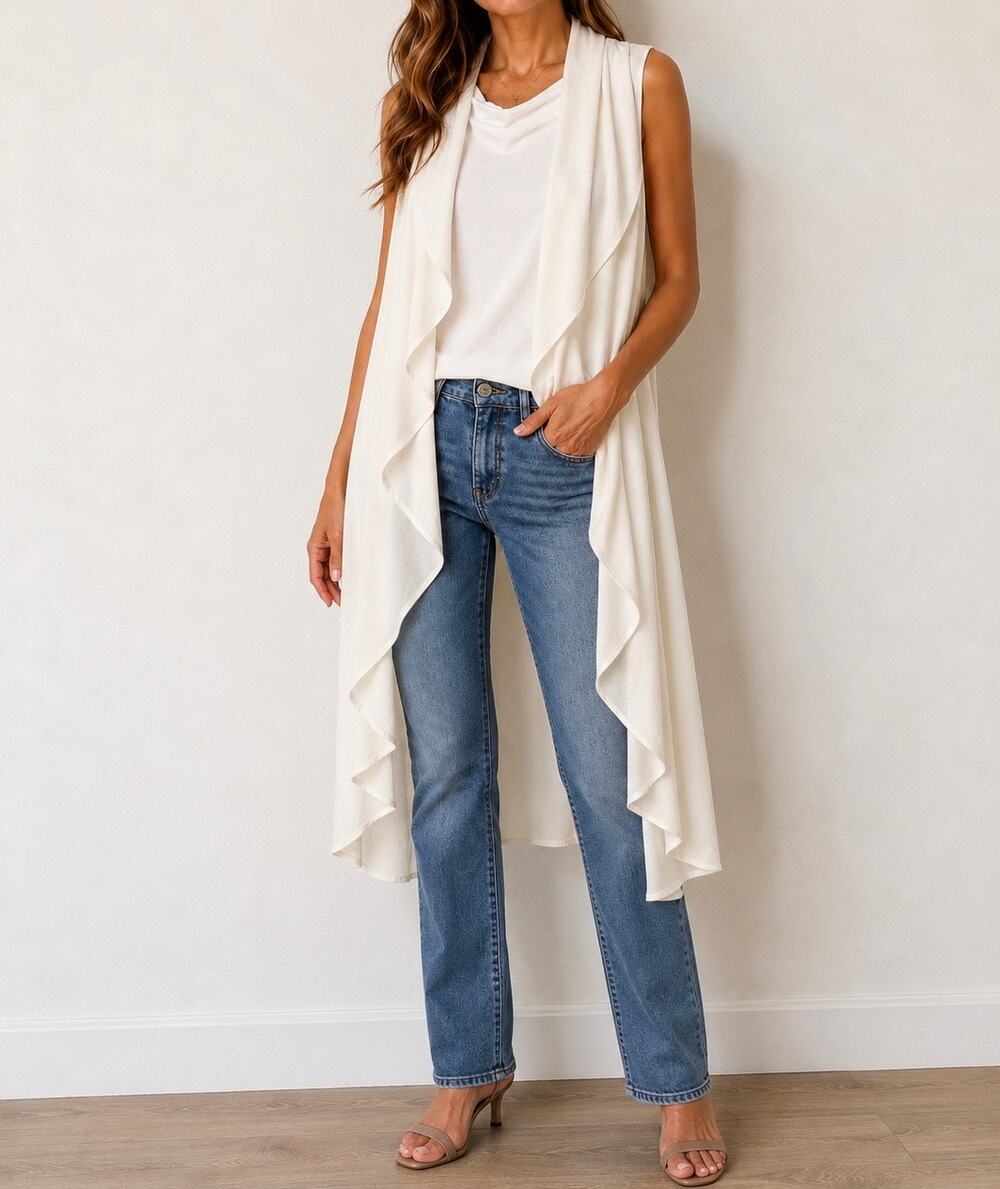 Sandra Baquero White-Ivory Waterfall Drape Vest Cardigan One Size Cotton Lycra